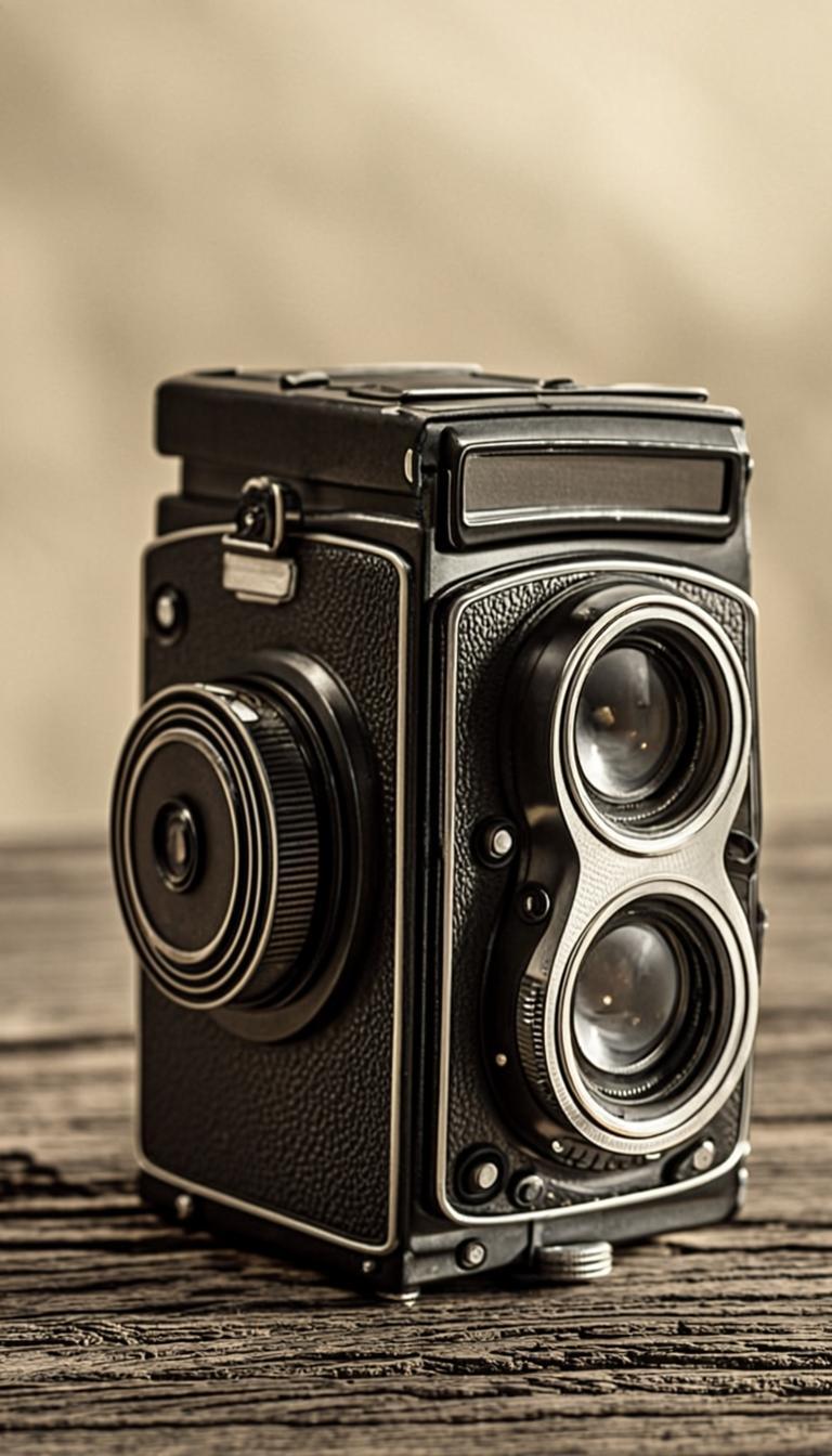 Vintage camera on wooden surface