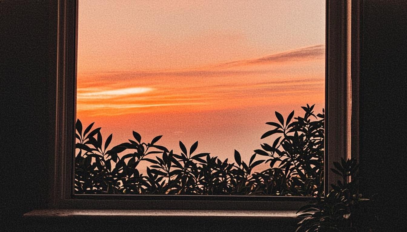Sunset through window with plants